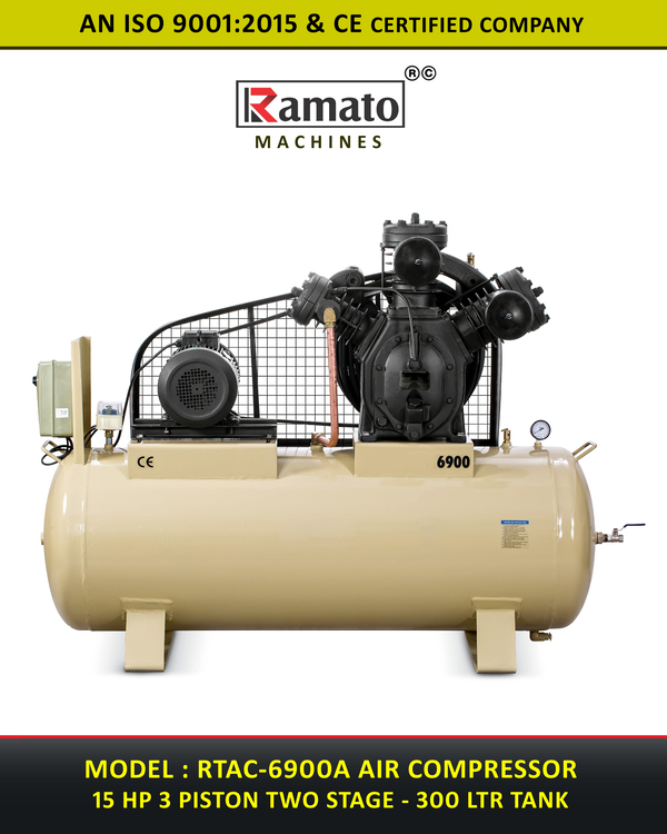 15 HP 3 Piston Two Stage 300 LTR Tank Air Compressor Manufacturer Exporter india
